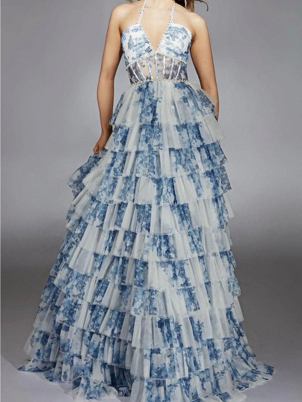 Alyce Paris Blue and White Tiered Halter Prom Gown with Corset; Style 61730